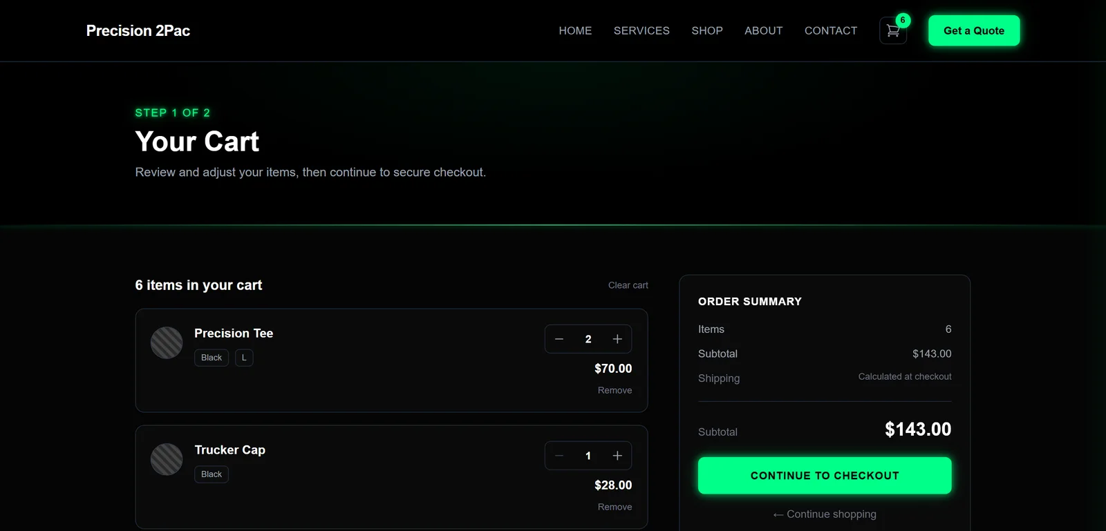 Cart page listing a black Precision Tee in size L and a Trucker Cap, beside an order summary with a Continue to Checkout button