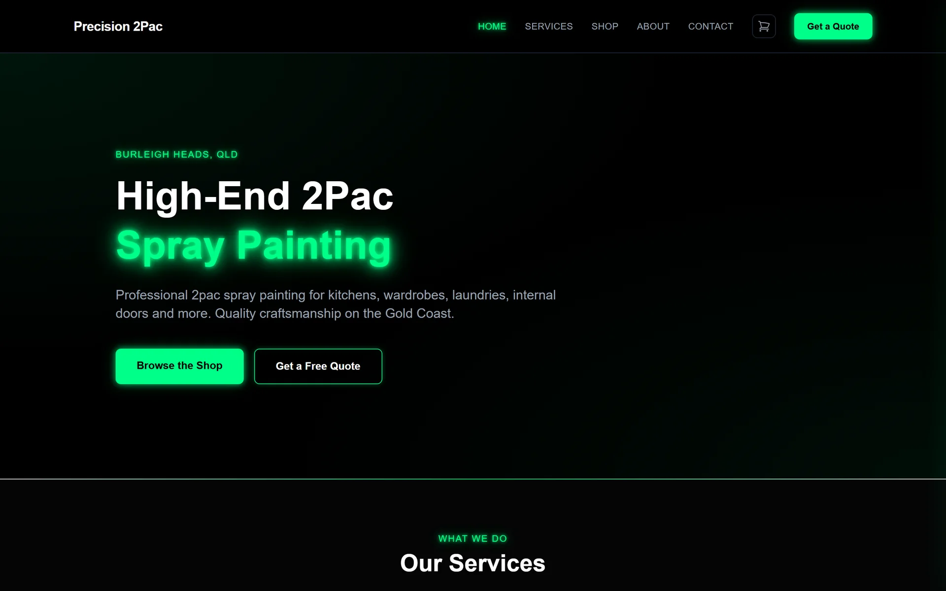 Precision 2Pac homepage with a black and neon-green hero reading High-End 2Pac Spray Painting, Burleigh Heads QLD, with Browse the Shop and Get a Free Quote buttons