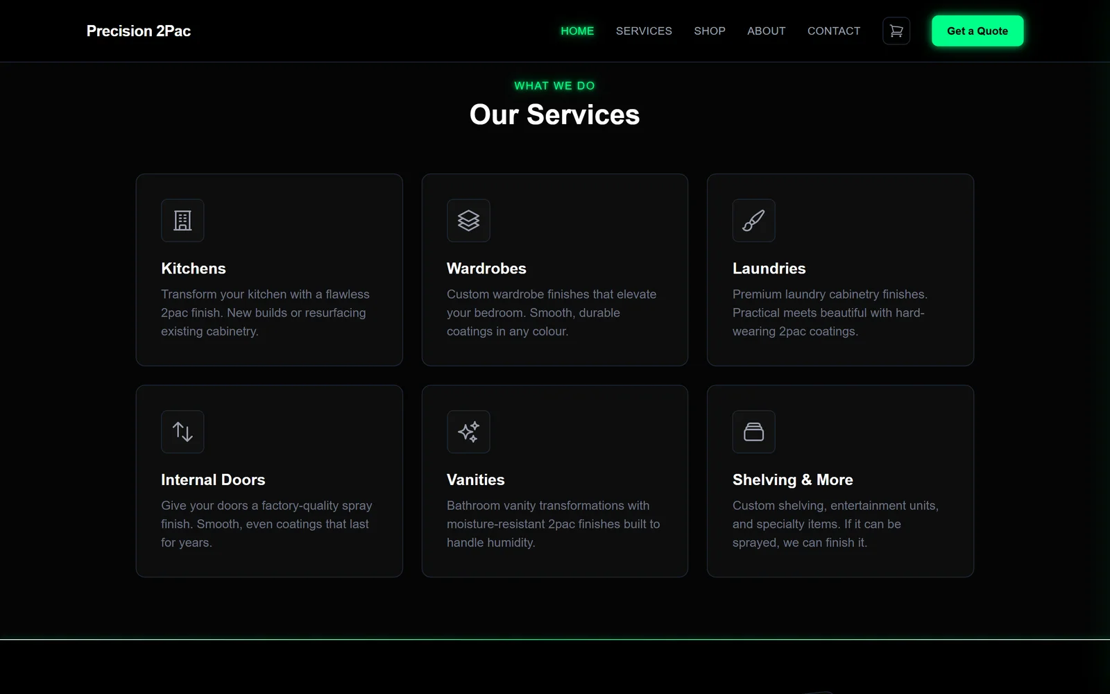 Services grid with cards for Kitchens, Wardrobes, Laundries, Internal Doors, Vanities and Shelving & More