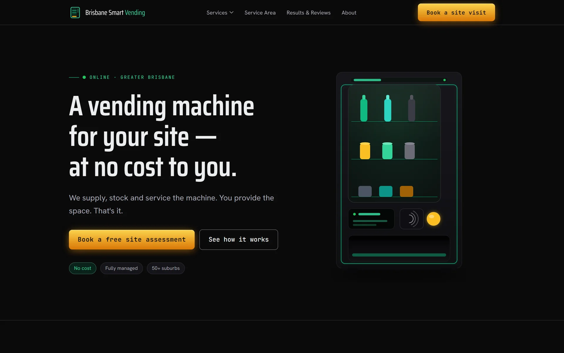 Brisbane Smart Vending homepage with the headline A vending machine for your site, at no cost to you, beside an illustrated vending machine