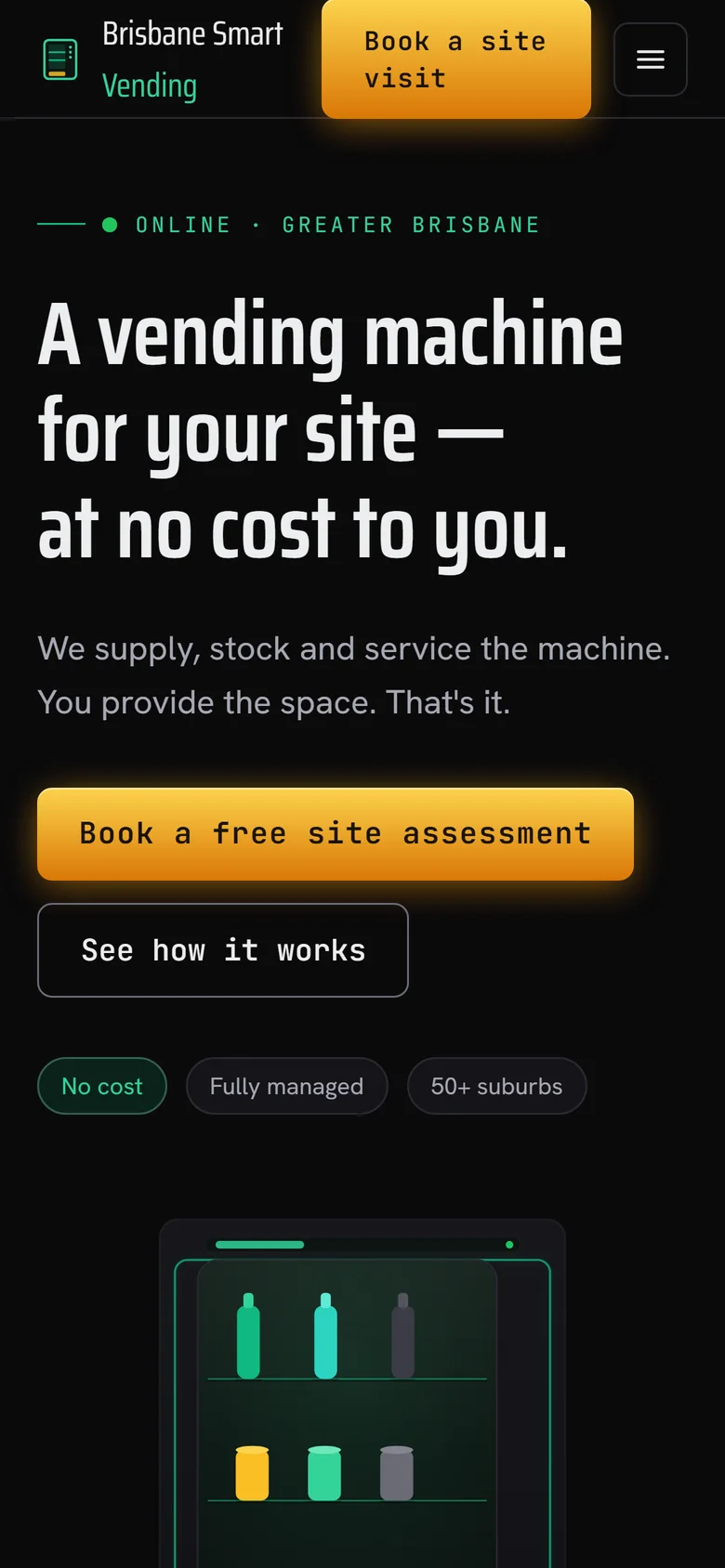 Brisbane Smart Vending homepage on a phone-width screen