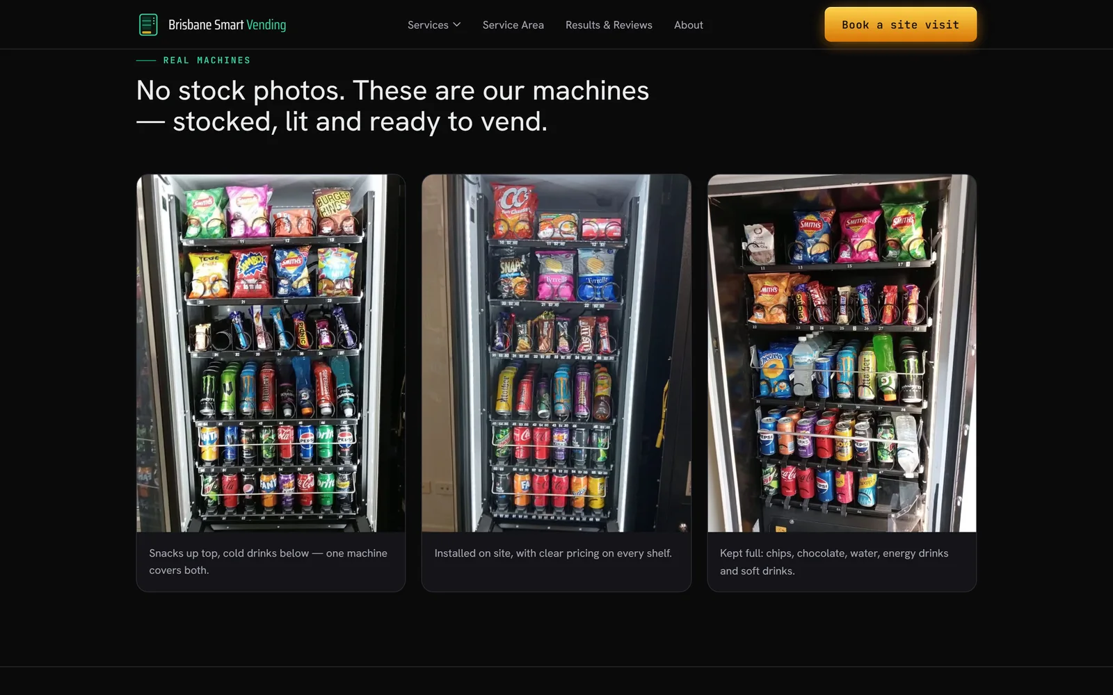 Real Machines section with three photos of stocked Brisbane Smart Vending machines