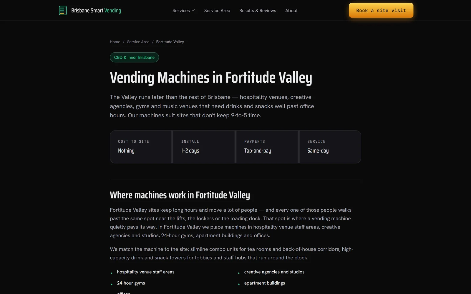 Suburb landing page headed Vending Machines in Fortitude Valley, with local copy and a quote button