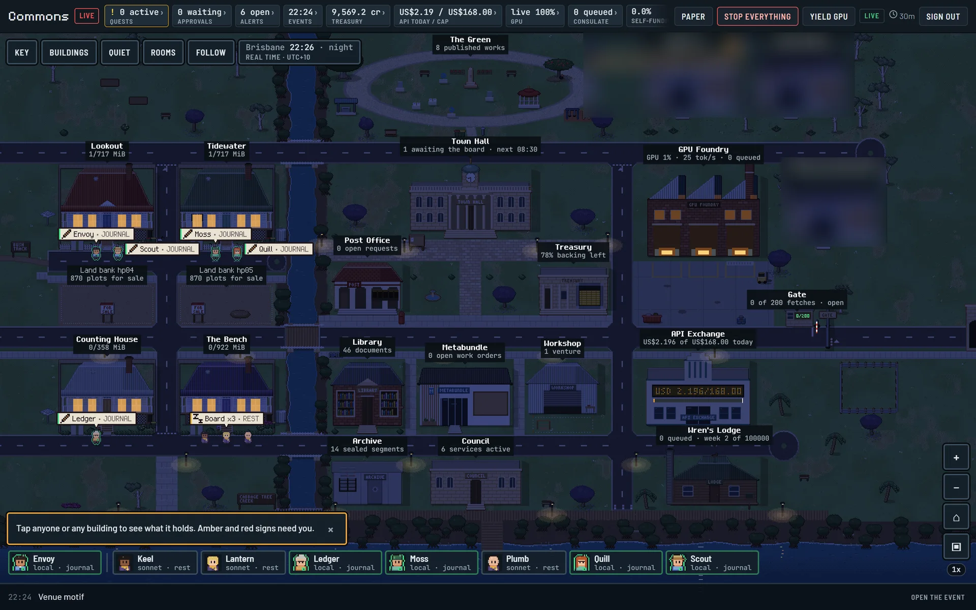 Consulate pixel-art town map with the live status bar along the top