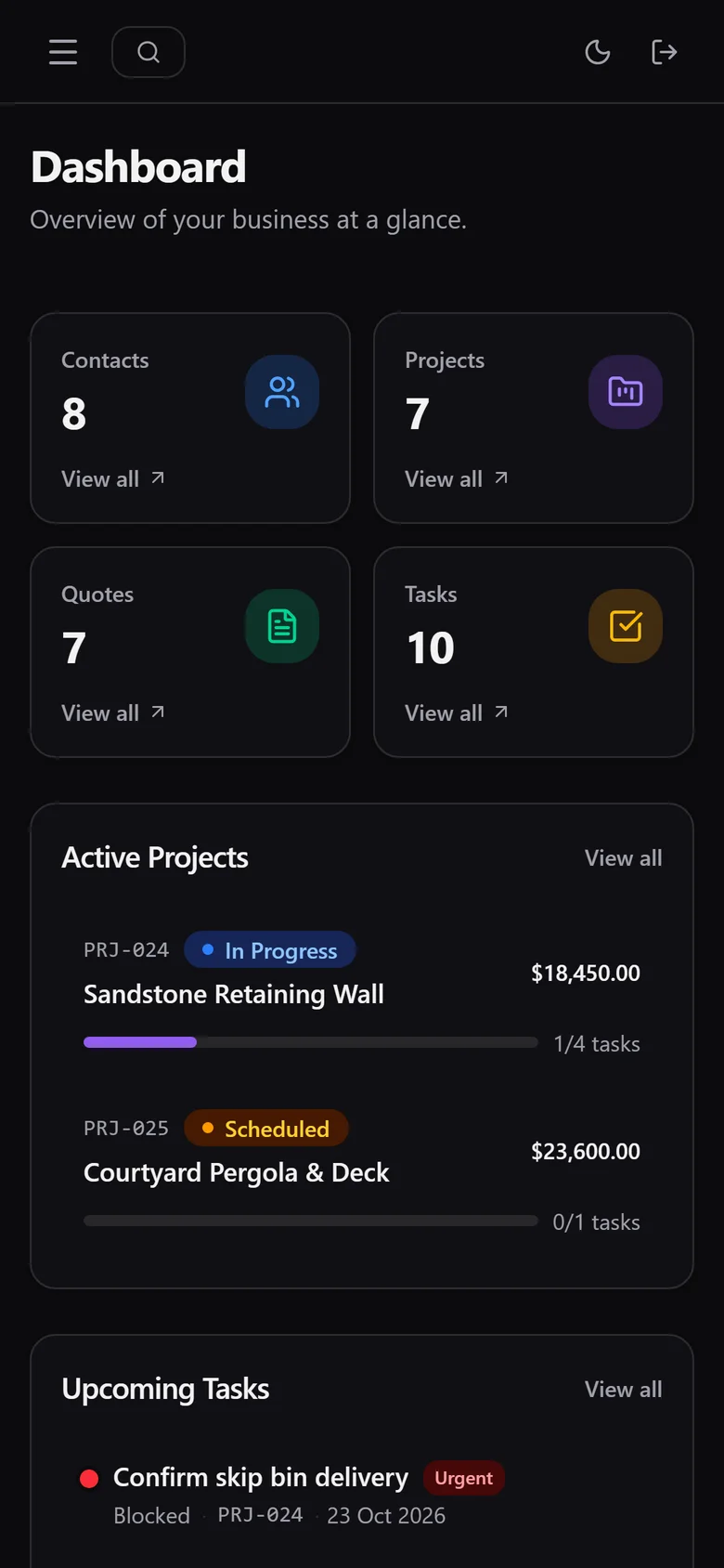 CRM dashboard on a phone with stacked stat cards and active projects