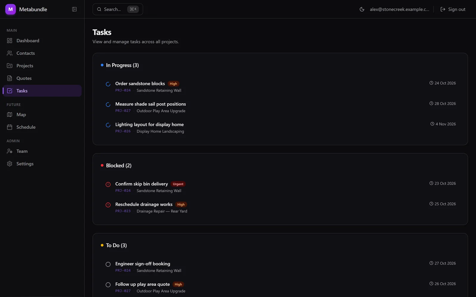 Tasks grouped under In Progress, Blocked and To Do, with priority badges, project codes and due dates