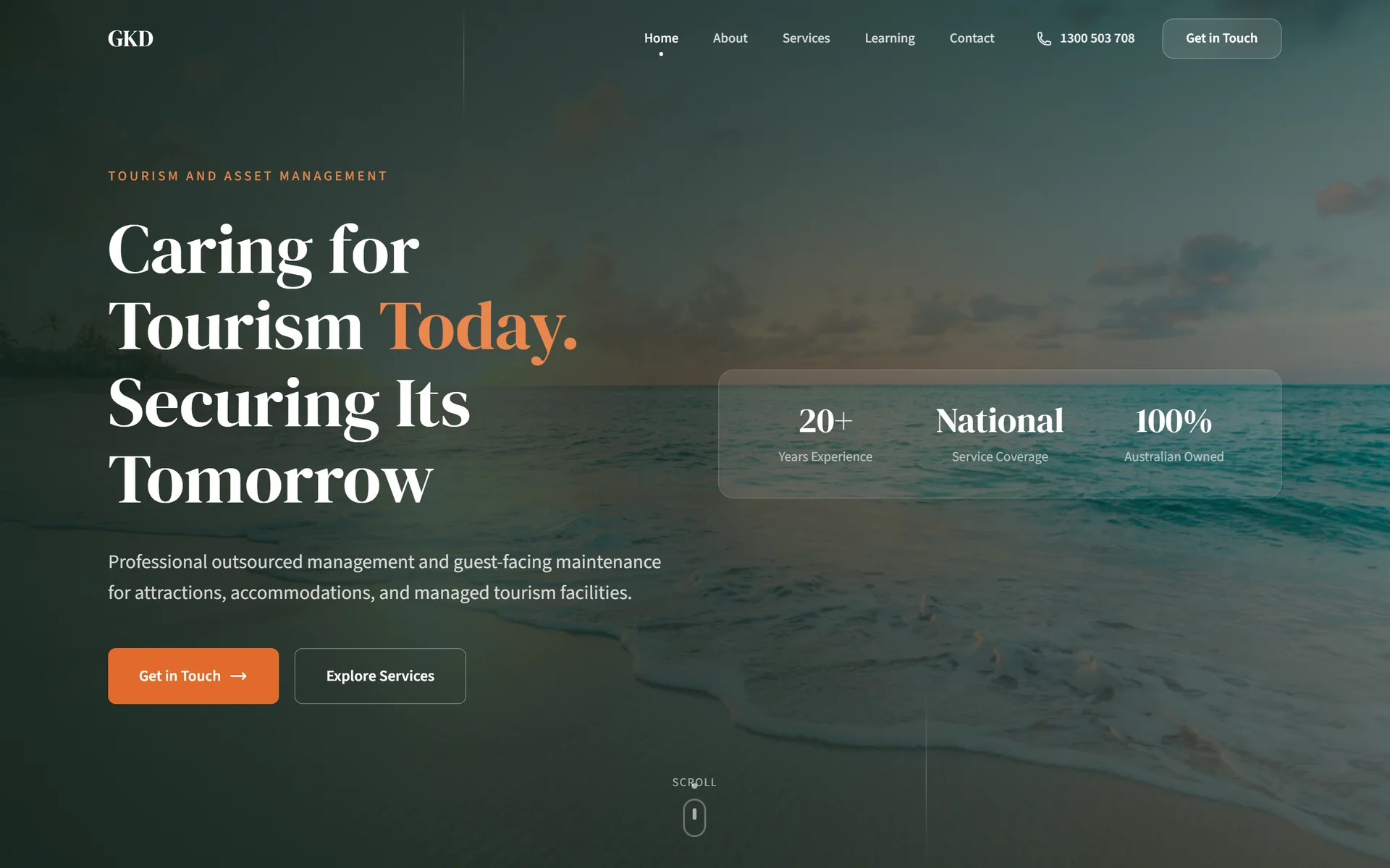 GKD homepage hero with the headline Caring for Tourism Today. Securing Its Tomorrow over a coastal photo, with an ochre Get in Touch button