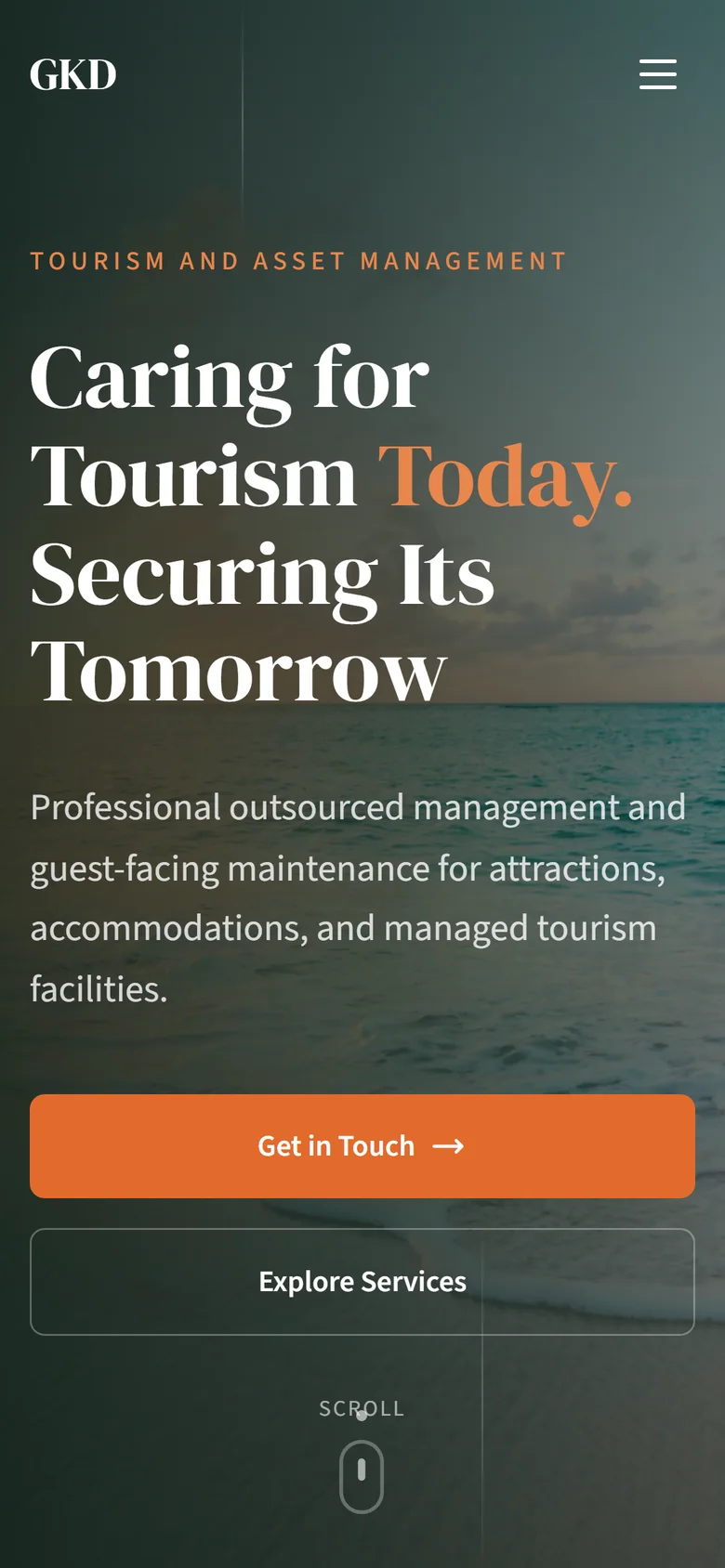 GKD homepage hero on a phone-width screen with a stacked headline and call button
