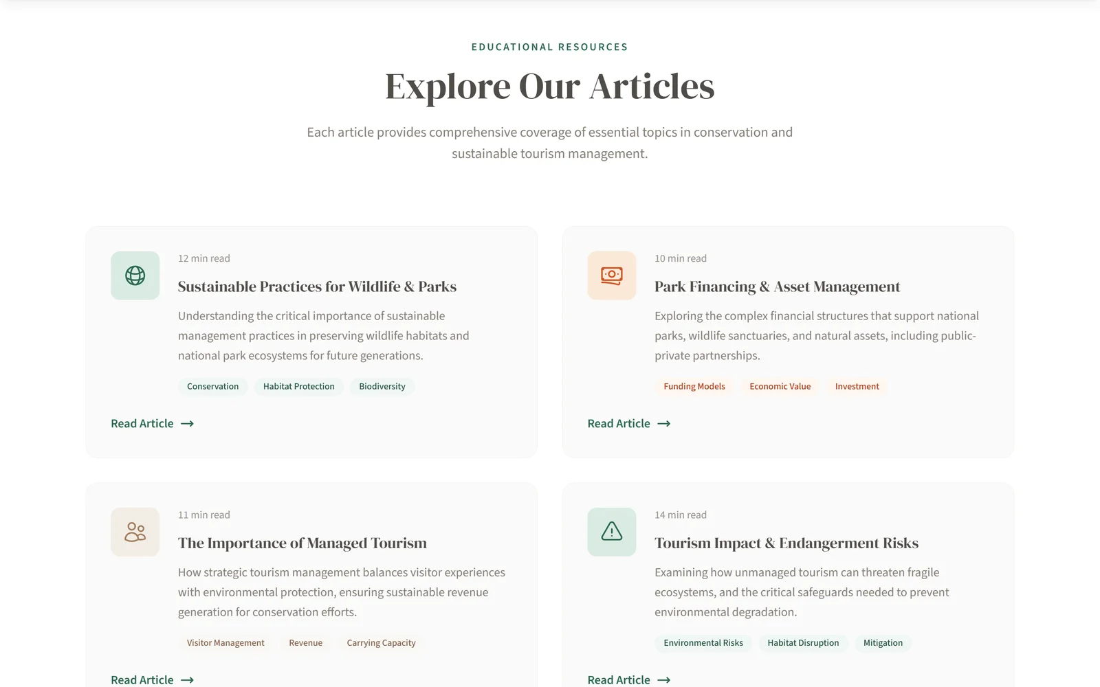 Learning hub grid of article cards including Sustainable Practices for Wildlife & Parks and Park Financing & Asset Management