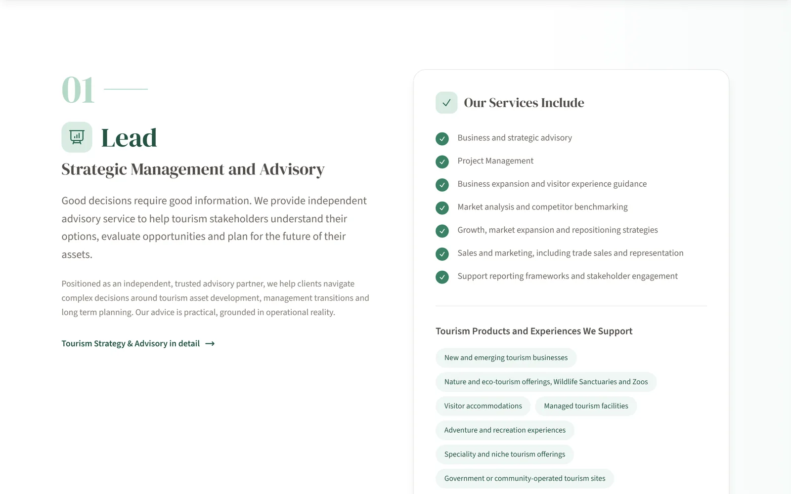 Services page section numbered 01, Lead: Strategic Management and Advisory, with an Our Services Include list