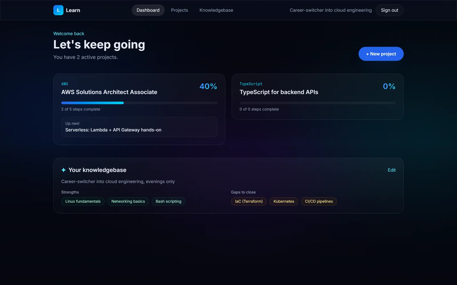 Learn dashboard with two project cards, AWS Solutions Architect Associate and TypeScript for backend APIs, and a knowledgebase summary
