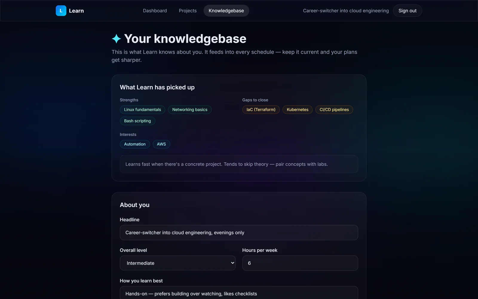 Knowledgebase page listing strengths, gaps and interests above an editable About you profile