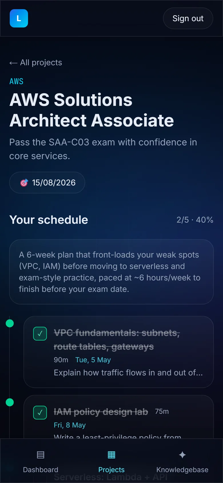 Study schedule on a phone-width screen with a bottom navigation bar for dashboard, projects and knowledgebase