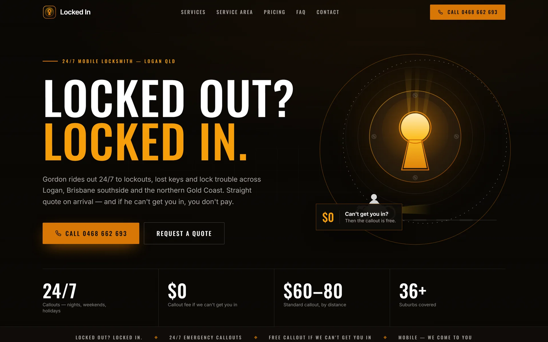 Locked In homepage hero on desktop with a large uppercase headline, a brass call button and a glowing keyhole illustration