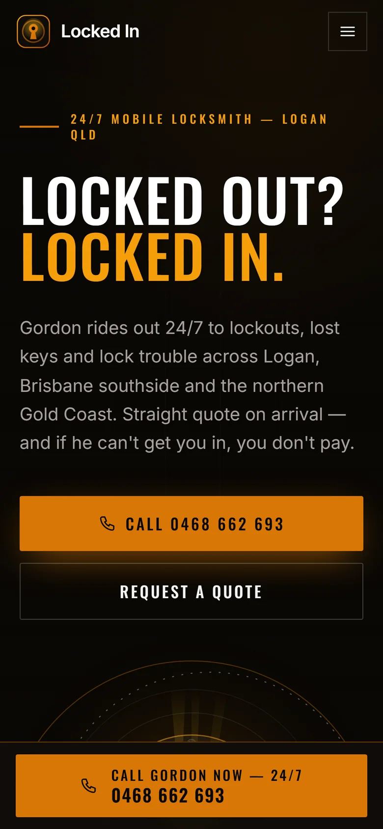 Mobile view of the Locked In homepage with the headline Locked out? Locked In. and a call bar fixed to the bottom of the screen