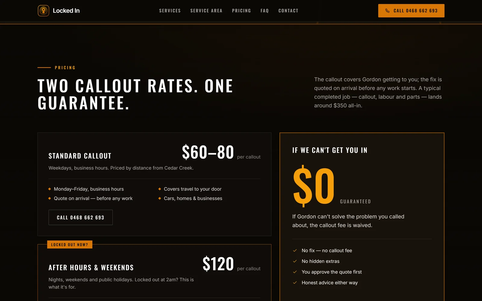 Pricing section headed Two callout rates. One guarantee., with Standard Callout and After Hours & Weekends cards and a $0 guarantee panel