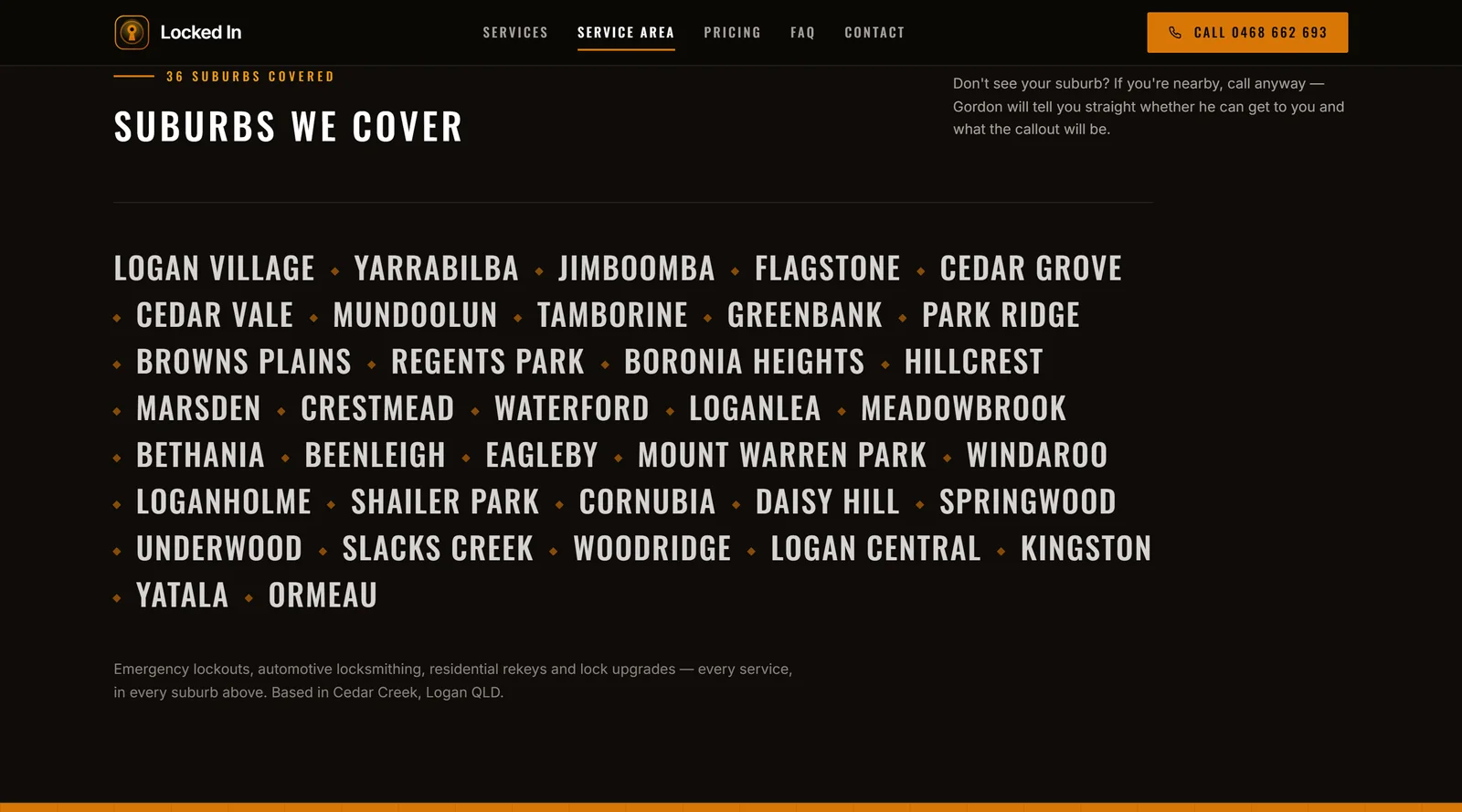 Service area page headed Suburbs we cover, listing Logan, Brisbane southside and northern Gold Coast suburbs in large type