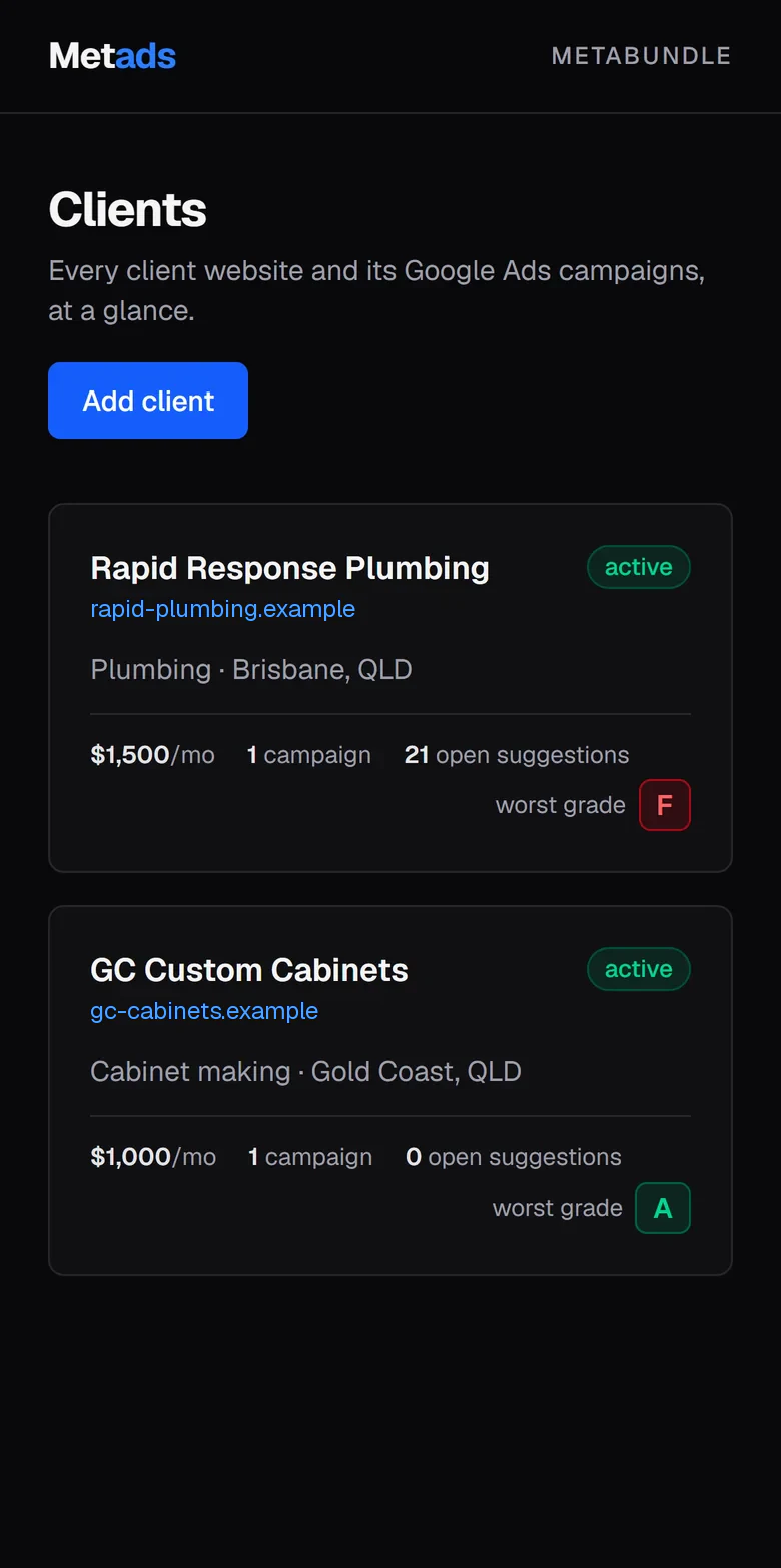 Metads client list on a phone-width screen, with two fictional businesses and their worst campaign grades