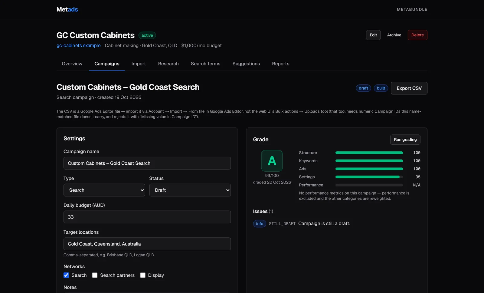 Campaign detail page for a custom cabinets search campaign graded A, 99 out of 100, with category score bars