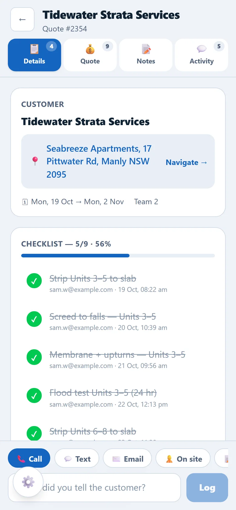 Mobile job card for a balcony membrane job with tabs, the site address with a Navigate link, the crew checklist and a one-tap contact logger