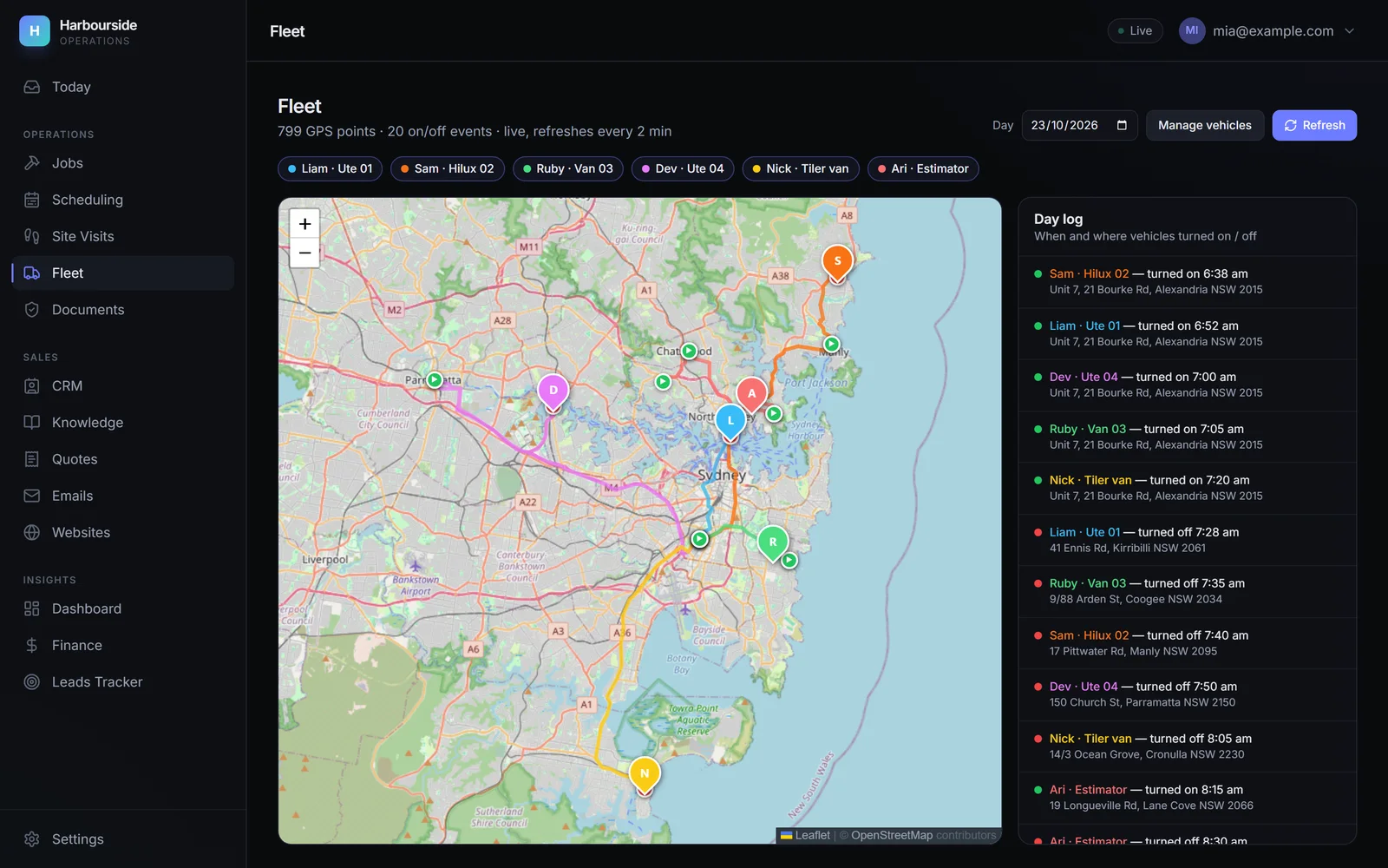 Fleet page with a street map showing coloured day trails and markers for six vehicles, beside a day log of ignition on and off events