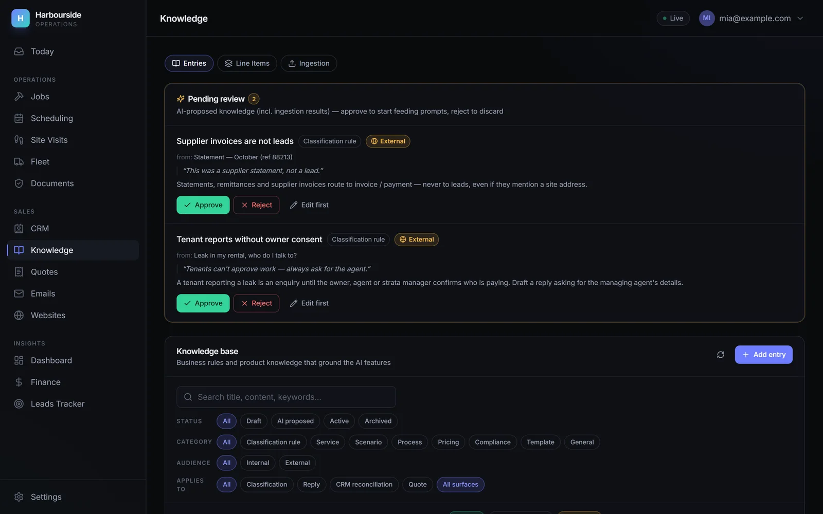Knowledge workspace with AI-proposed rules waiting for review, each showing the email and office note that prompted it, with approve and reject buttons