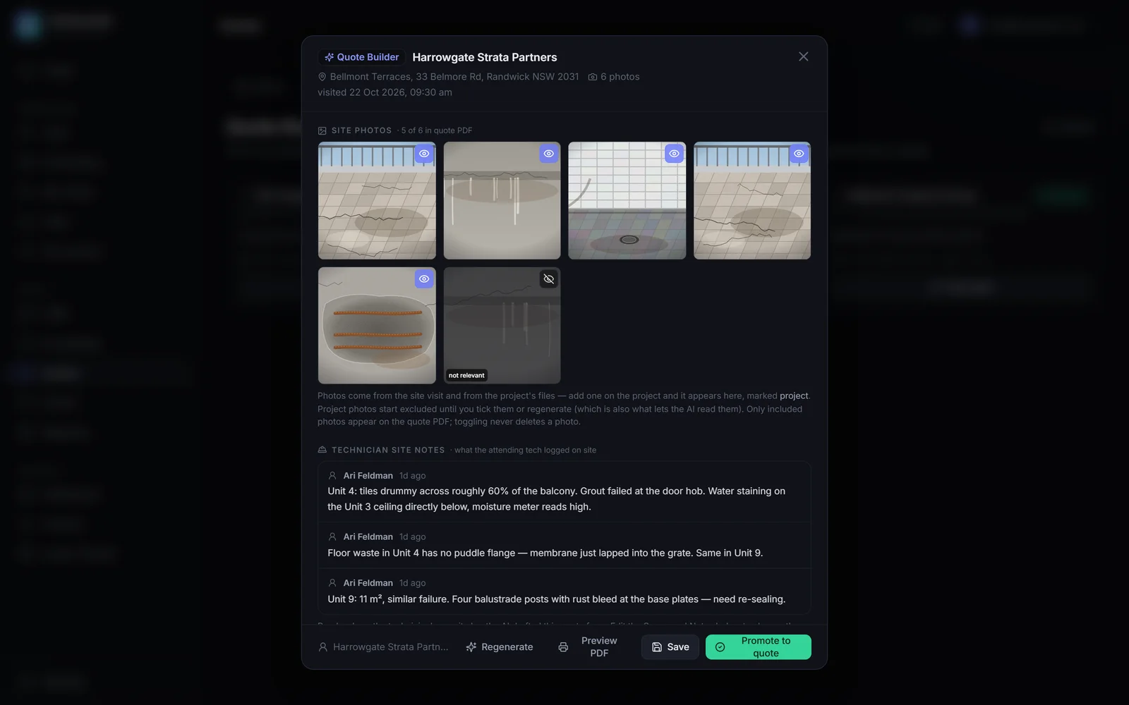 Quote Builder for a two-balcony leak repair, showing site photos with include-in-PDF toggles and the technician's on-site notes