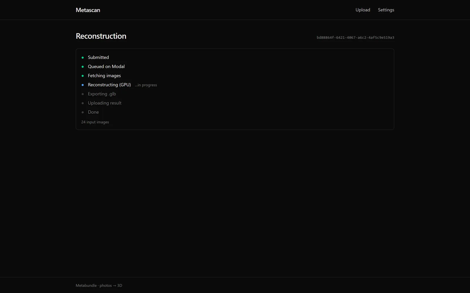 Reconstruction page with a stage timeline: submitted, queued and image fetch complete, GPU reconstruction in progress