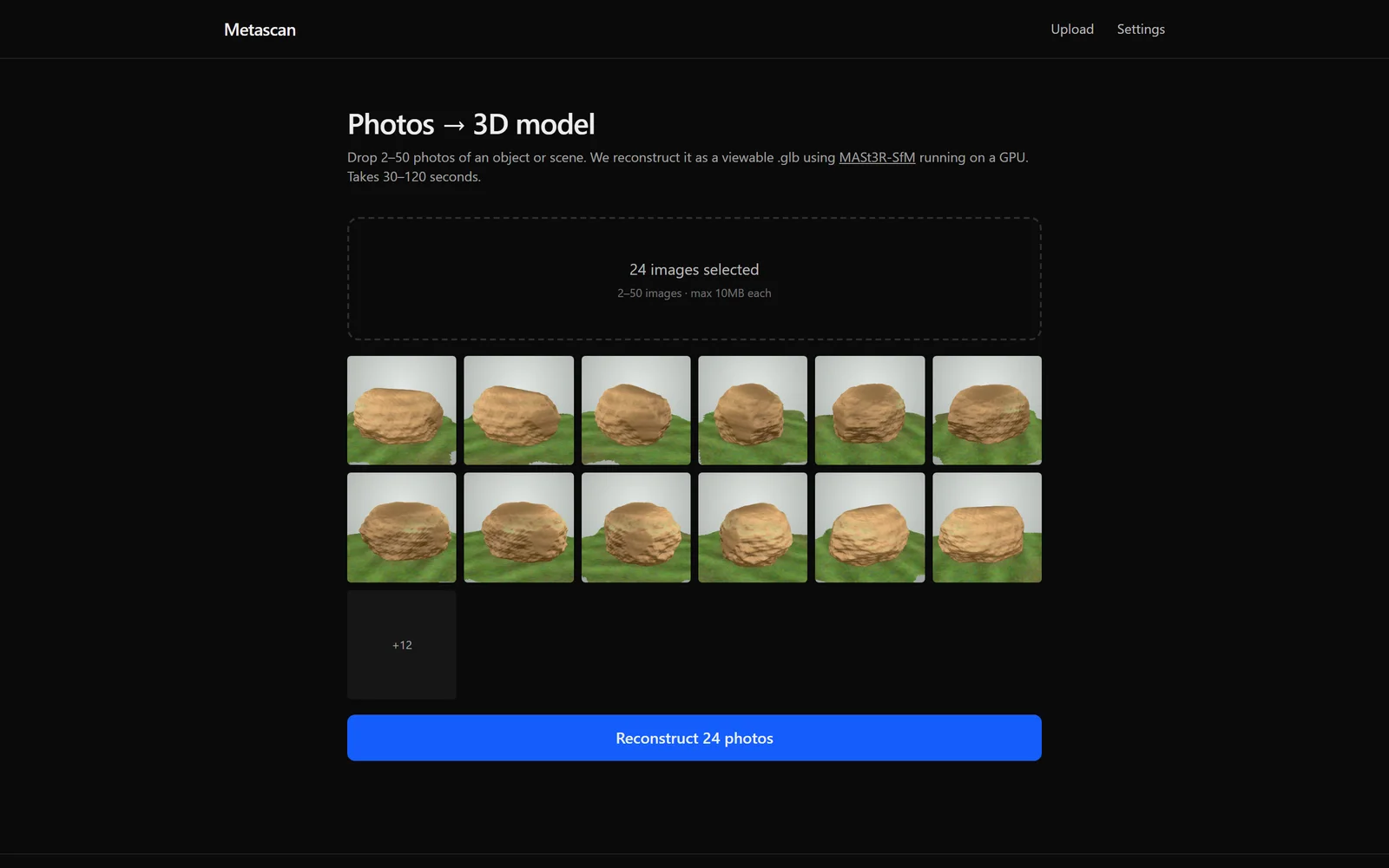 Upload form with 24 sample photos of a boulder selected and a Reconstruct 24 photos button