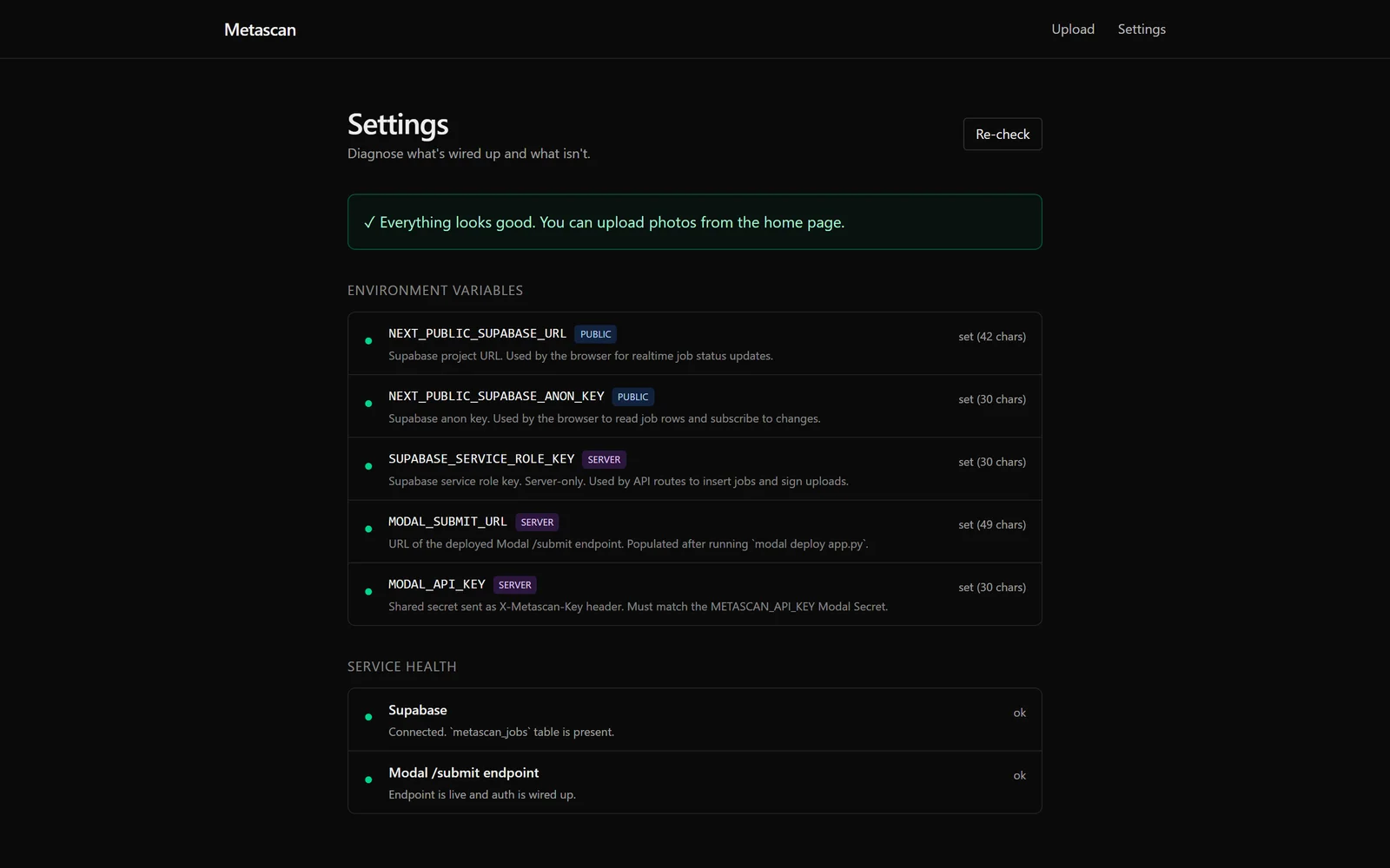 Settings page with an Everything looks good banner, five environment variables marked set and two service health checks marked OK