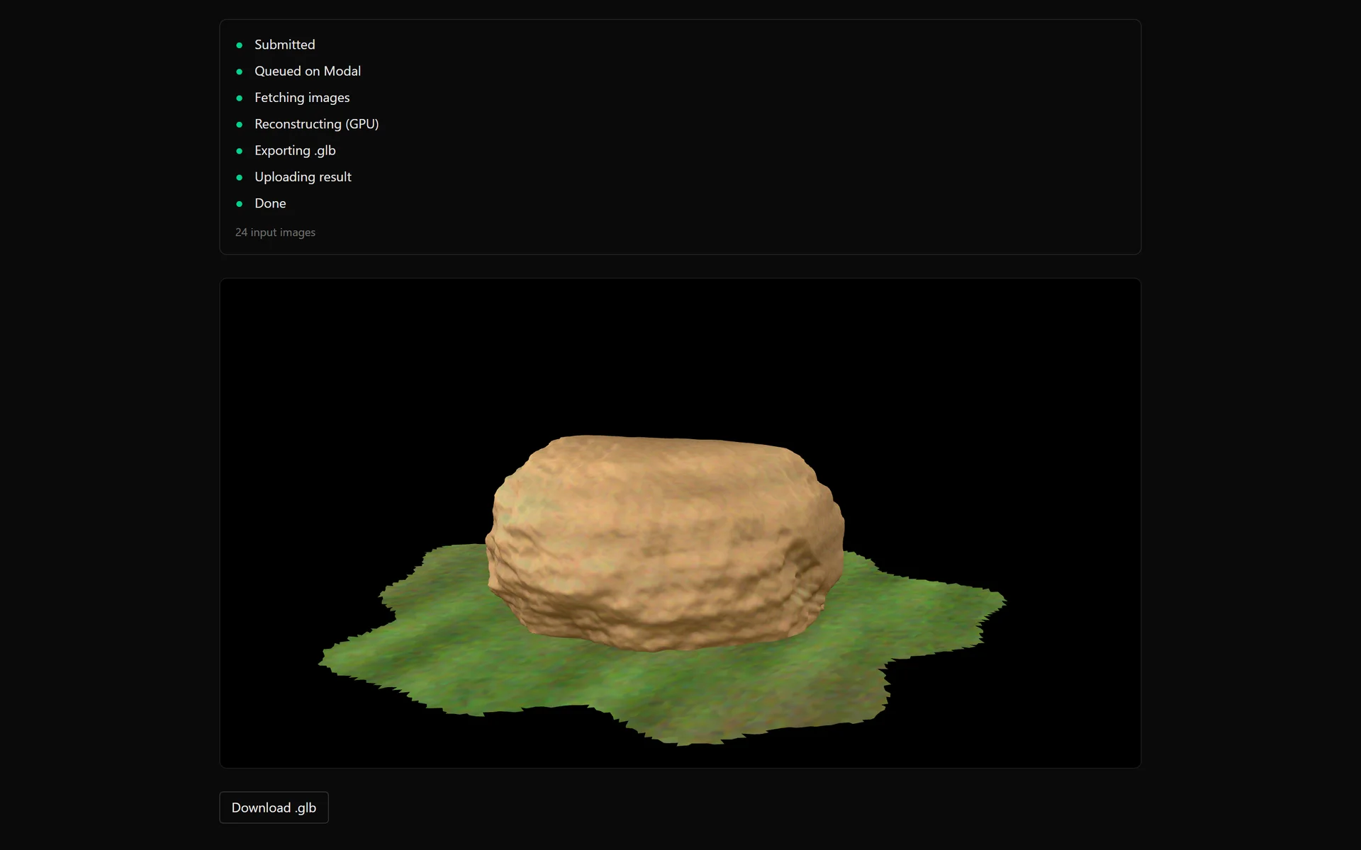 Reconstruction page with every stage ticked and a 3D viewer showing a textured sample boulder on a patch of grass