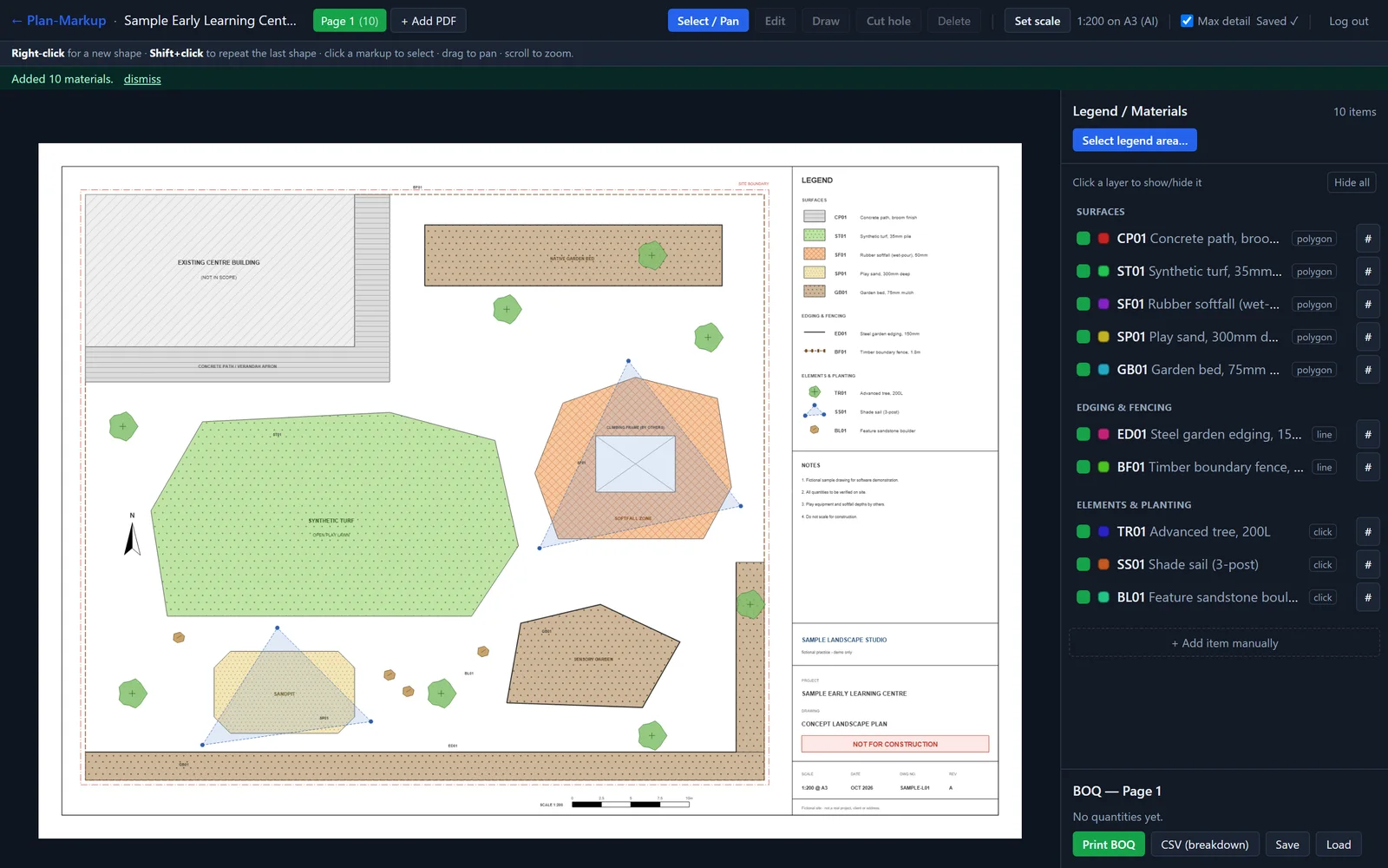Legend panel listing sample materials classified as polygon, line or click items, beside the sample landscape plan