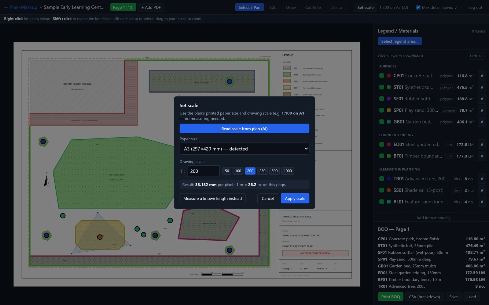 Set scale dialog with a Read scale from plan (AI) button, a detected A3 paper size and a 1:200 drawing ratio