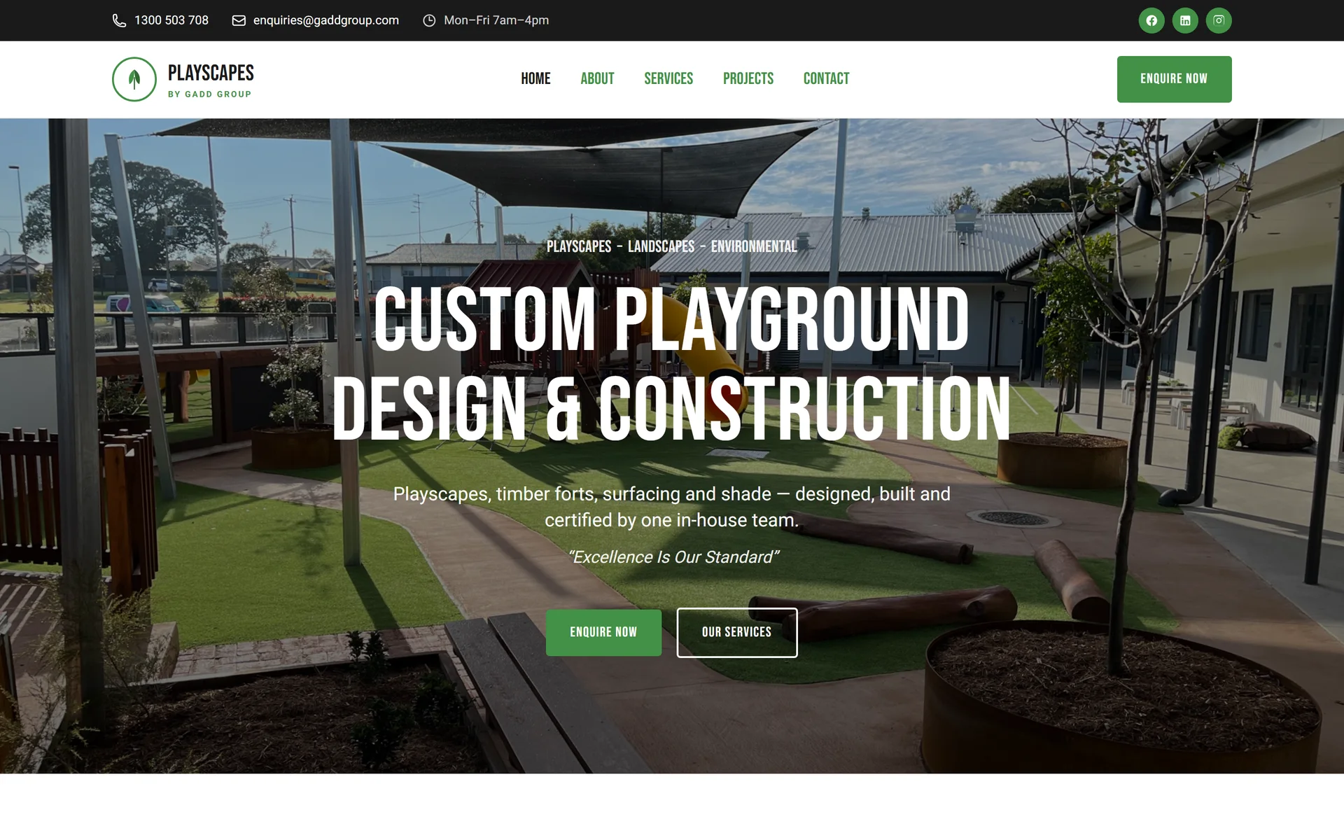 Playscapes homepage with a full-width photo of a timber playground under shade sails and the heading Custom Playground Design & Construction