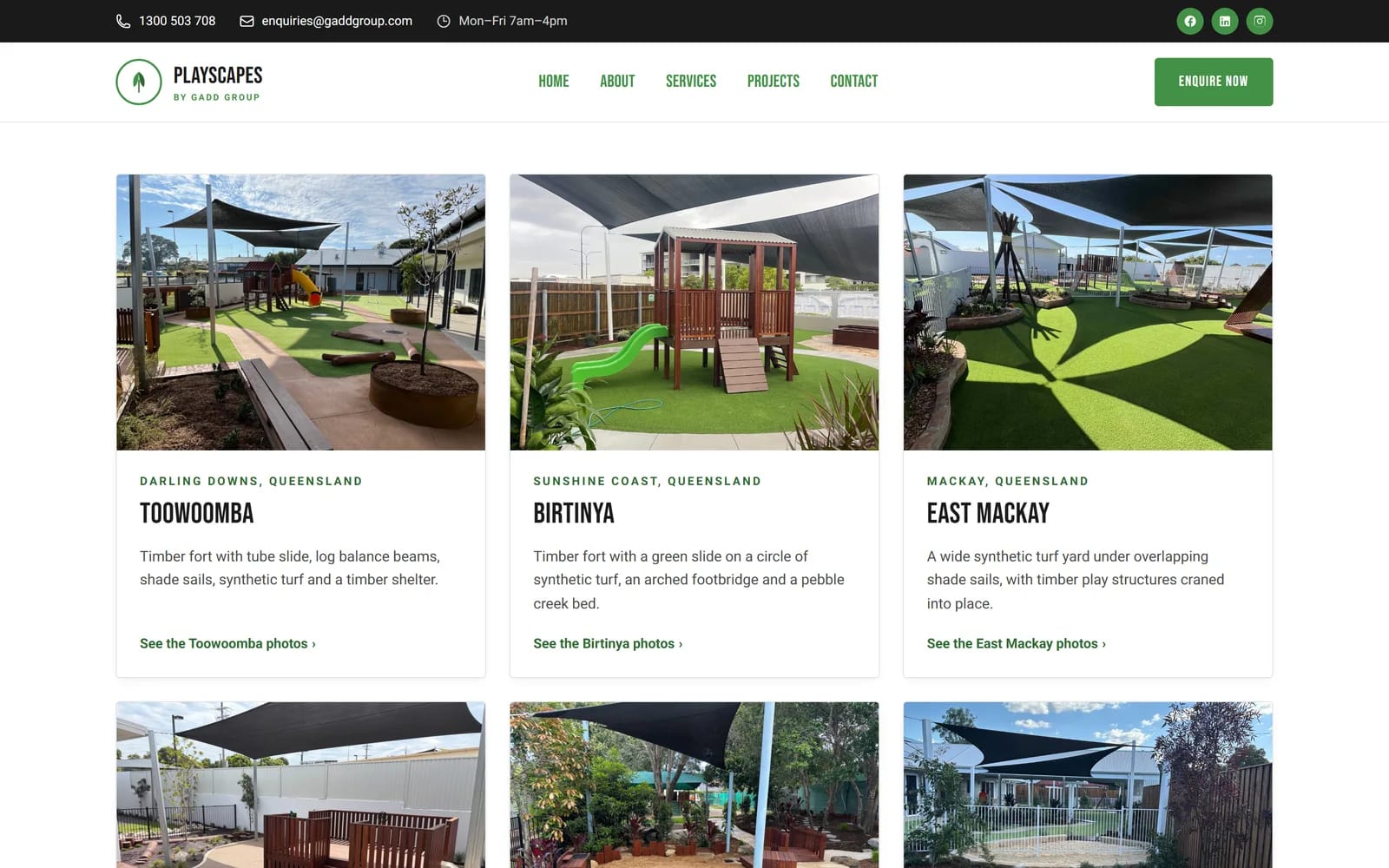 Grid of location cards for playground projects including Toowoomba, Birtinya and East Mackay
