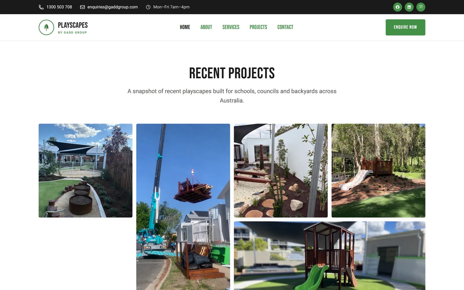 Recent Projects gallery of playground builds on the Playscapes homepage