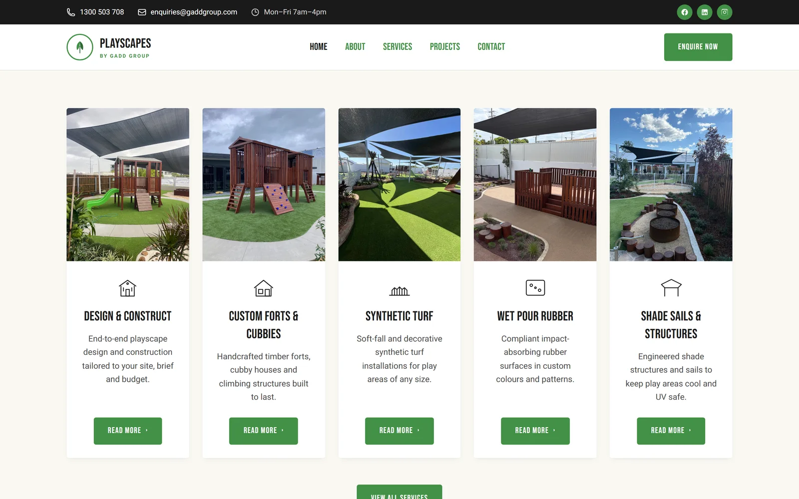Row of Playscapes service cards for Design & Construct, Custom Forts & Cubbies, Synthetic Turf, Wet Pour Rubber and Shade Sails & Structures